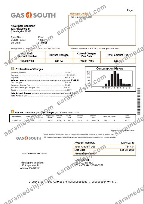 USA New York Gas South business utility bill template in Word and PDF formats